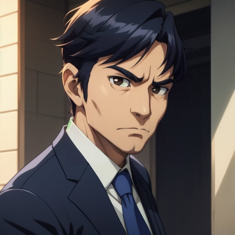 anime style,Appearance: Mid-50s Japanese male, short black hair with some grey, narrow eyes, calm expression. Navy blue suit with a white shirt and subtle blue tie. Good posture, hands clasped in frontn scowl, arms crossed, looking to the right, medium shot, dutch angle shot