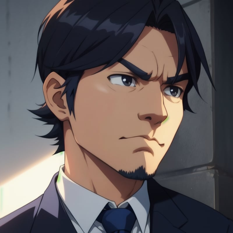 anime style,Appearance: Mid-50s Japanese male, short black hair with some grey, narrow eyes, calm expression. Navy blue suit with a white shirt and subtle blue tie. Good posture, hands clasped in frontn scowl, arms crossed, looking to the right, medium shot, dutch angle shot