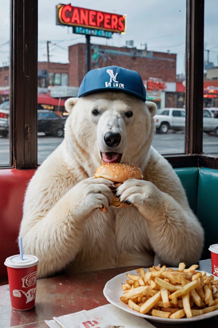 (otherworldly), highly insanely detailed, masterpiece, top quality, best quality, highres, 4k, 8k, RAW photo, (very aesthetic, beautiful and aesthetic), 
a lonely and depressed polar bear wearing a baseball cap eating a hamburger and fries beside the window in a deserted cafe diner in New York photographed by Miles Aldridge. 