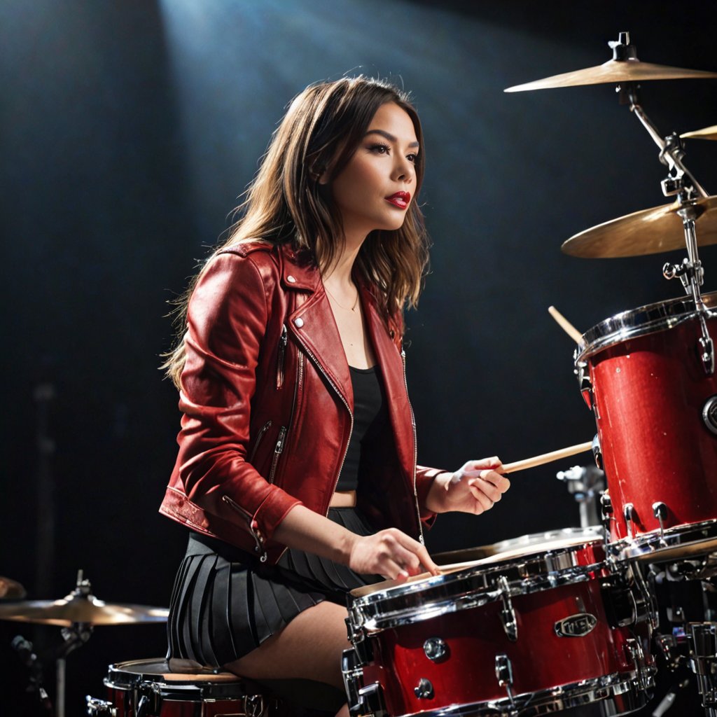 A set of drum kit on the performance stage, a female drummer, wearing a red leather jacket and short pleated skirt, sitting and performing drum kit, holding drum sticks, viewed from the side, stage lighting, high contrast, dark style

Detailed Textures, high quality, high resolution, high Accuracy, realism, color correction, ,more detail XL
