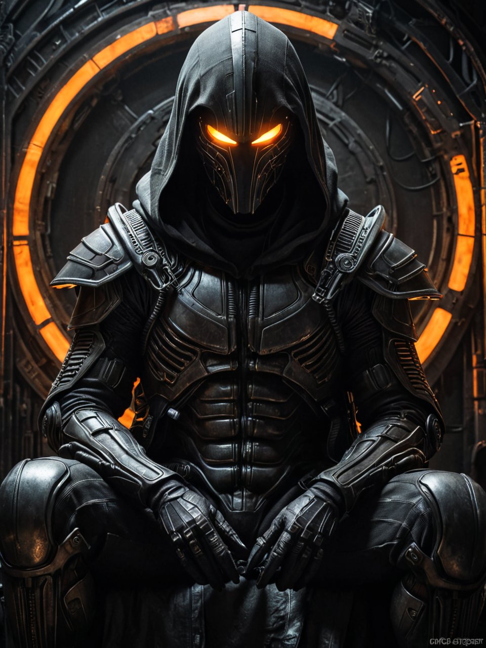futuristic warrior cloaked in shadow with glowing orange halo, seated and introspective, monochromatic sci-fi attire with utility gear, hood concealing face, dark and gritty, cyberpunk art style, dramatic light and shadow, 25-35 years old, humanoid, textured and detailed, inspired by h.r. giger, masterpiece,