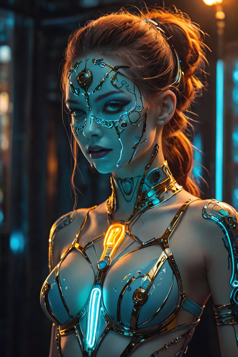 (otherworldly), highly insanely detailed, masterpiece, top quality, best quality, highres, 4k, 8k, RAW photo, (very aesthetic, beautiful and aesthetic), 
an image of an eerie woman with glowing neon skin, in the style of technological marvels, light indigo and amber, dark white and turquoise, kimoicore, cybermysticsteampunk, i can't believe how beautiful this is, precision painting,more detail XL