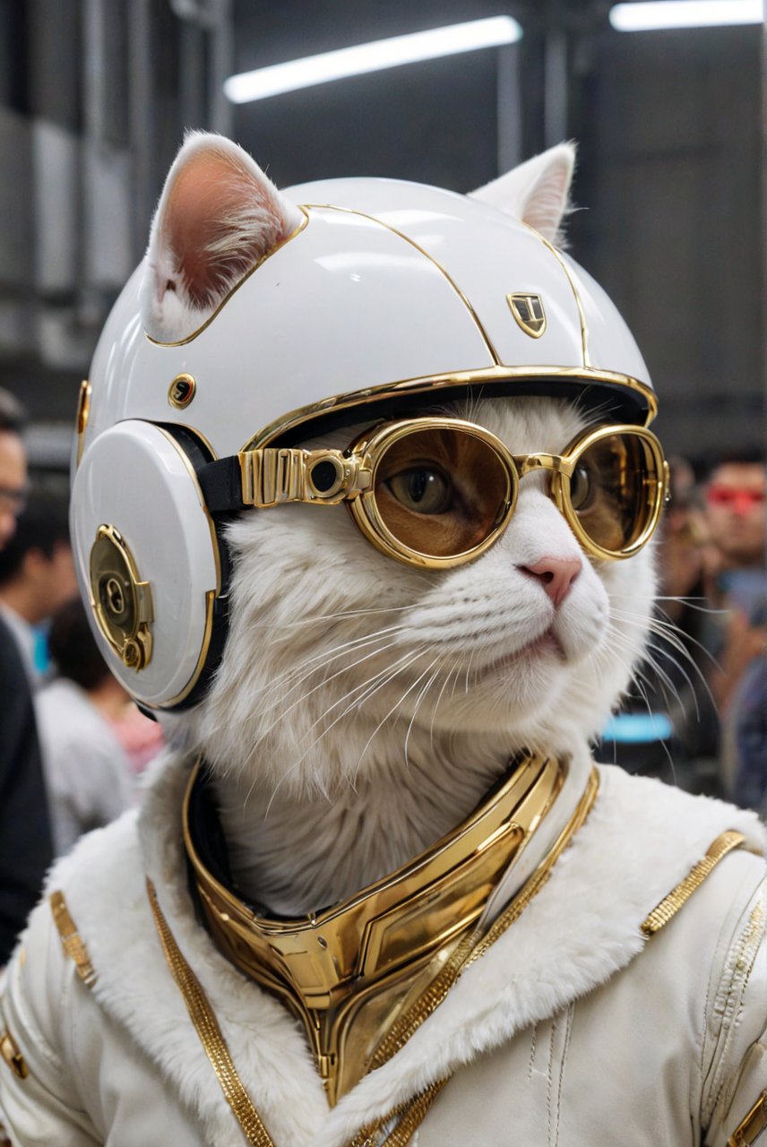 future technology,science fiction,streamlined construction,internal integrated circuit,driver's helmet,cat, (cat face),white fur, short fur, gold-rimmed glasses, audience-oriented,whiskers, cool