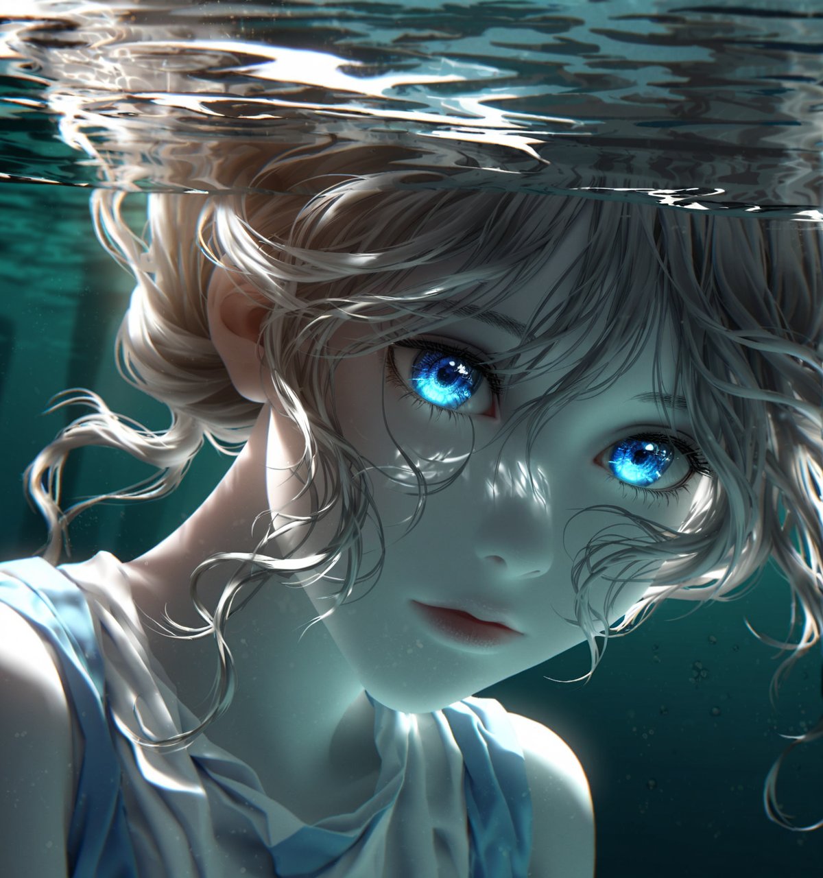 close-up image of face submerged underwater, pale skin tones, clear ripples and reflections, cool color palette with blues and whites, high-contrast lighting, young girl, realism photograph, inspired by zena holloway, best quality,Smoothskin