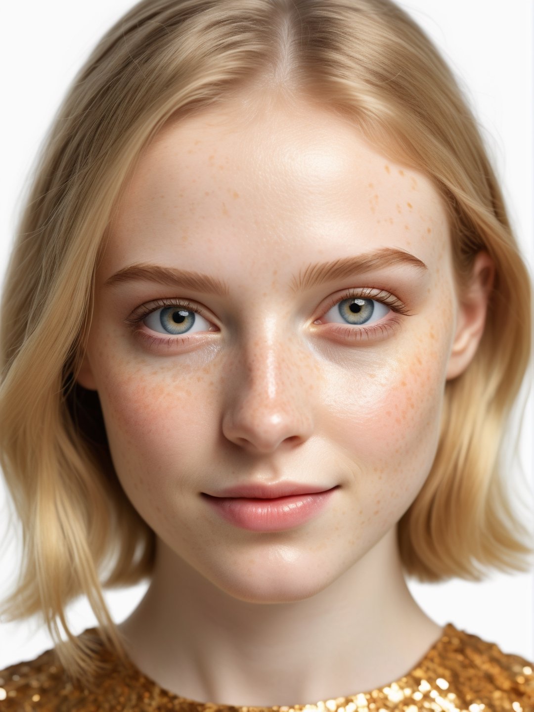 photo r3al, photorealistic, masterpiece, hyperdetailed photography of a beautiful short woman posing for a picture, 22 years old, pale skin, freckled, straigt hair, blonde, cute, gorgeous, angelic face, best quality, 8k UHD, 8k, ultra quality, ultra detailed, closed mouth, soft lighting, smooth lighting, softbox, smirking, professional photography, white wall background, photoshop_(medium), natural face, front view, golden shiny dress, thick, closeup, upper body, smile, realistic eyes, detailed eyes,