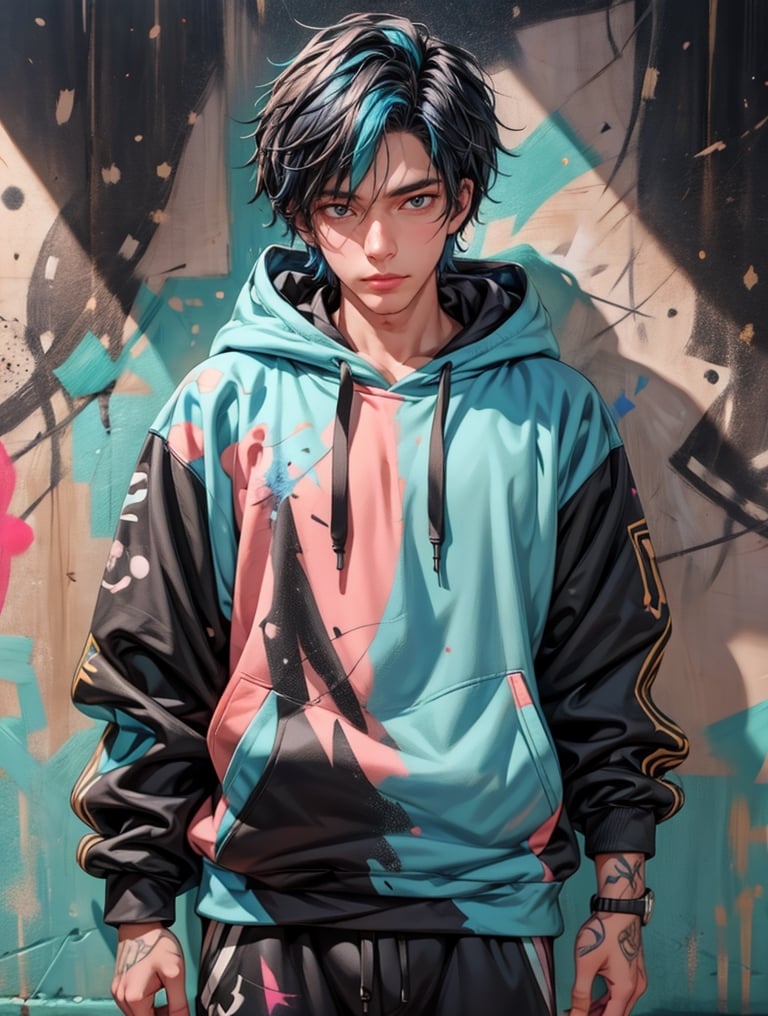 Craft a 2.5D ultra-detailed realistic image of a handsome man with black and blue hair wearing a vibrant, colorful hoodie. Surround the figure with glowing paint splatters and place him against a backdrop of graffiti-covered walls for an artistic urban feel.,1boy,boy