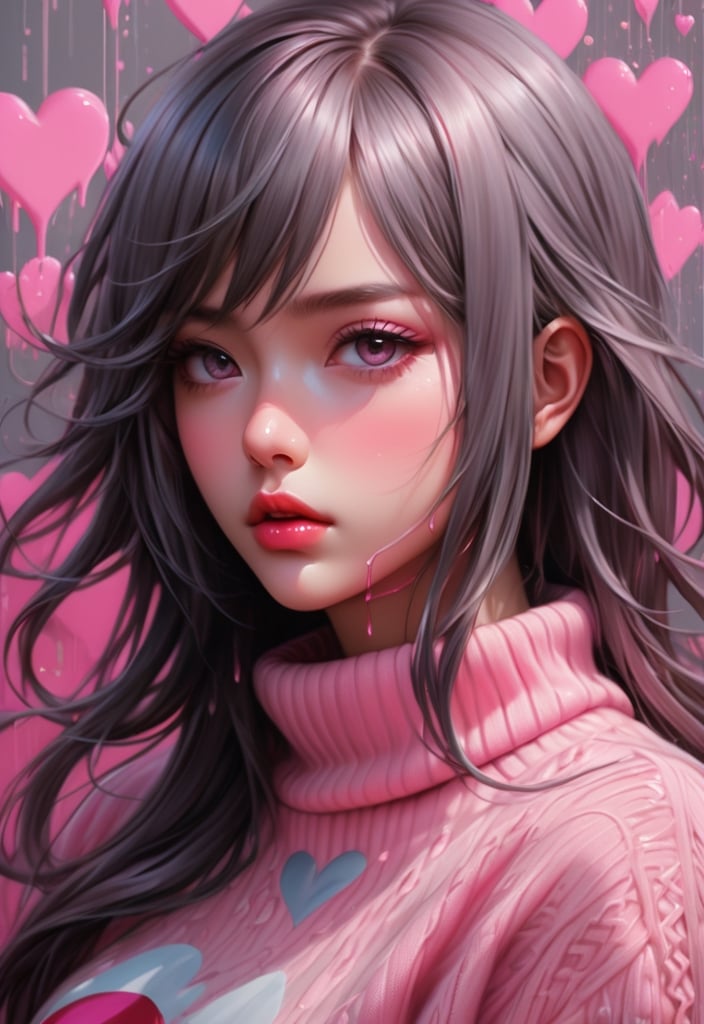 anime artwork of pastel painting abstract portrait by jamie litch,in the style of aggressive digital illustration,dark pink, heart shaped patterns, romantic poses,paint dripping technique,anime art,sharp brushwork,a painting of a henny with a pink sweater,in the style of ross tran,captures raw emotions,ivanovich pimenov,pensive poses,dark pink and dark gray,, anime style, key visual, vibrant, studio anime, highly detailed