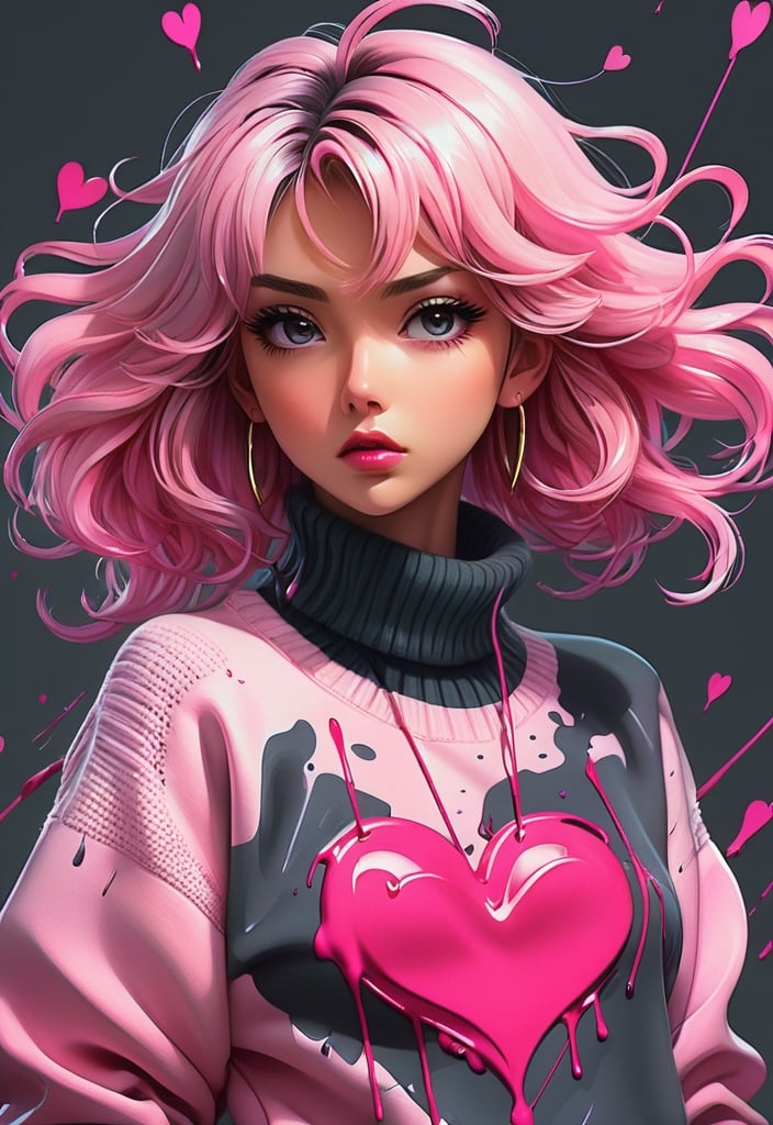 anime artwork of pastel painting abstract portrait by jamie litch,in the style of aggressive digital illustration,dark pink, heart shaped patterns, romantic poses,paint dripping technique,anime art,sharp brushwork,a painting of a henny with a pink sweater,in the style of ross tran,captures raw emotions,ivanovich pimenov,pensive poses,dark pink and dark gray,, anime style, key visual, vibrant, studio anime, highly detailed