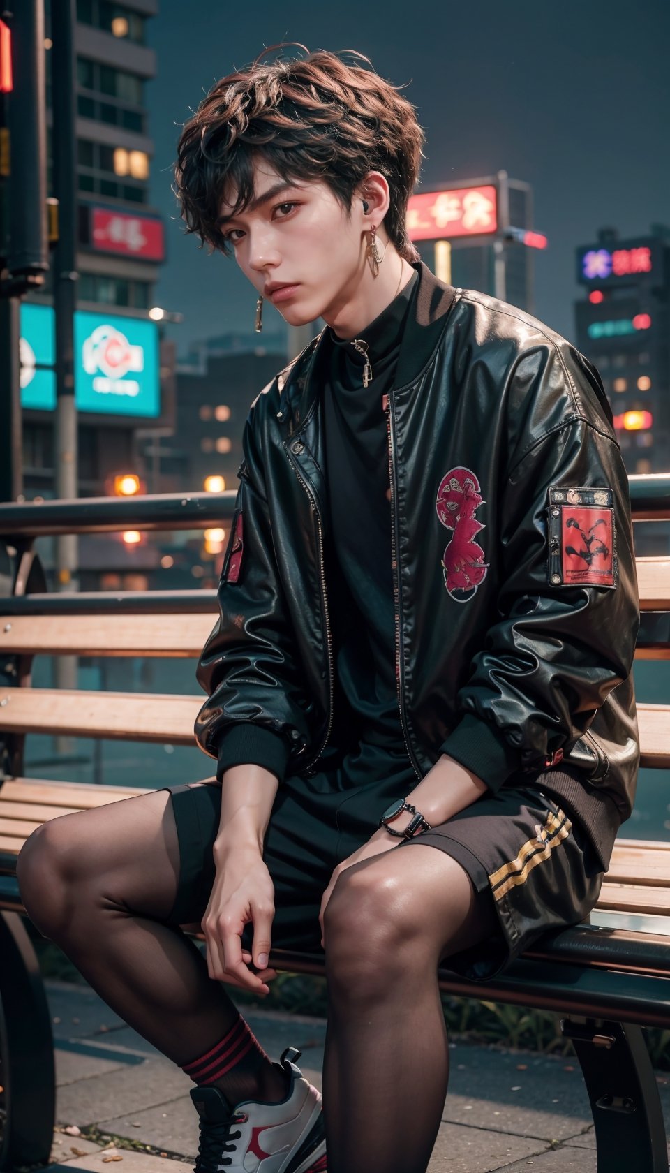 At night there was a man sitting on a city bench, Cai Xukun, inspired by Yanjun Cheng, Inspired by Bian Shoumin, yanjun cheng, Inspired by Zhang Han, Guviz-style artwork, cyberpunk streetwear, wearing cyberpunk streetwear, inspired by Russell Dongjun Lu, inspired by Huang Gongwang, Male ulzzang