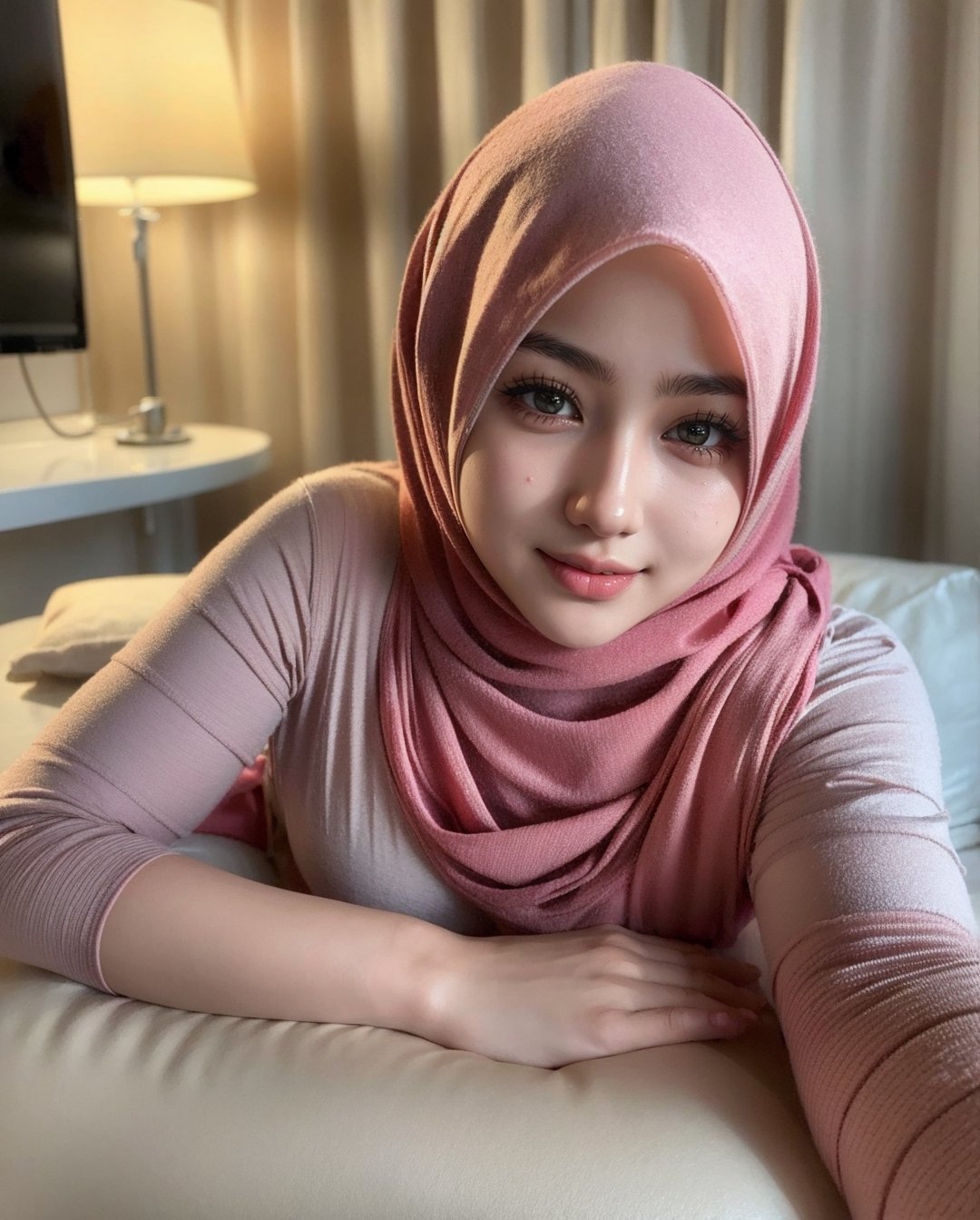 night scene, close up photo of a  malay girl with hijab, posing, look at a camera and smile, lying on bed, pink pastel hijab, (green eyes:0.8), cute young face, 18 yo, soft volumetric lights, (backlit:1.3), (cinematic:1.3), intricate details, (ArtStation:1.2),1girl