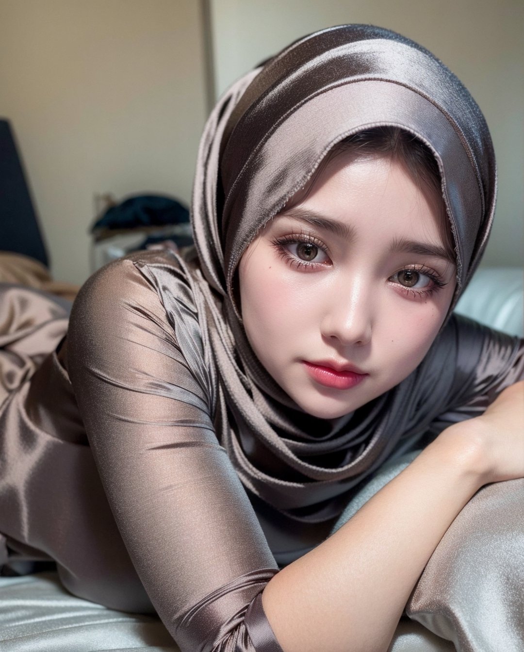 Masterpiece, realistic, best quality, best lighting, 1 girl photo solo, beautifully makeup, eyeshadow, Parted Lips, Detailed Eyes, beautiful big eyes, long eye lashes, smile, wearing ((Dark gray satin headscarf)), loosely tide hijab style, ((Taupe satin shirt)), satin long skirt, sleeping on a bed, laying on bed,1girl,photo of perfecteyes eyes