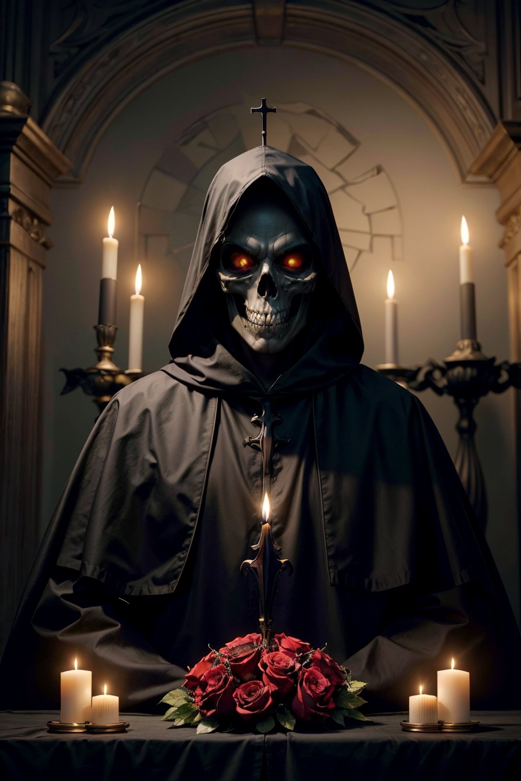 a waist up skull faced portrait of an evil demented CHV3CZombie, CHV3CReaper style zombie priest of death adorned in ornate royal black robes and a Papal tiara at a sinister crypt altar, candles, and roses, high resolution, award-winning picture in the style of the diablo video game franchise, centered, perfect composition, Professional, masterpiece, commissioned, best quality, Color Corrected, fixed in post, emended, ameliorated, idyllic