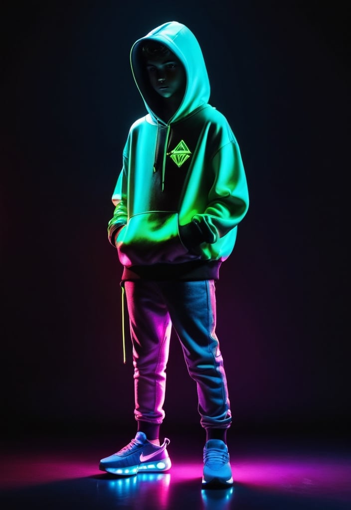 1boy of a digital dealer, fullbody, cape open, face in shadow matrix, holding game console, wearing sneakers and hoodie, neon colors, distinctly dark background, and,1boy,boy