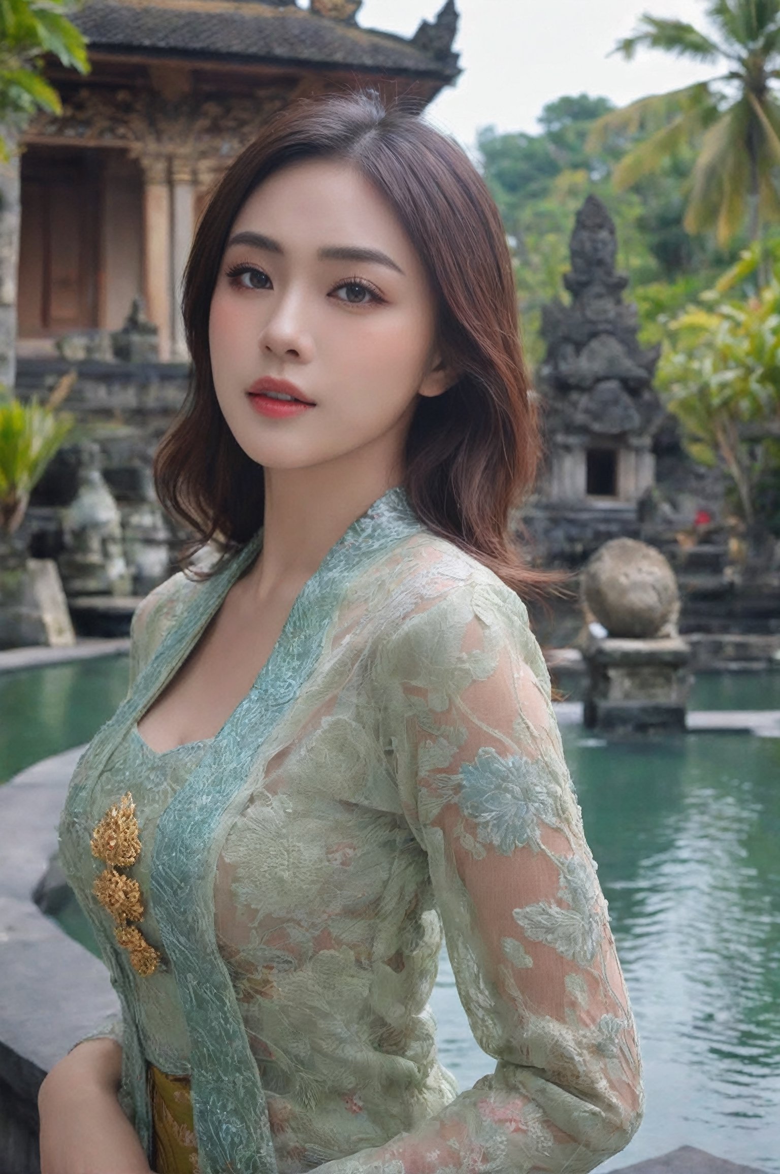 Illustrate a beautiful girl close up dressed in kebaya, set against the backdrop of a Balinese temple. Ensure that the image is photorealistic and of top-quality 8K HDR, capturing every intricate detail of the scene.,kebaya,kebaya indonesia,p3rfect boobs,cleavage