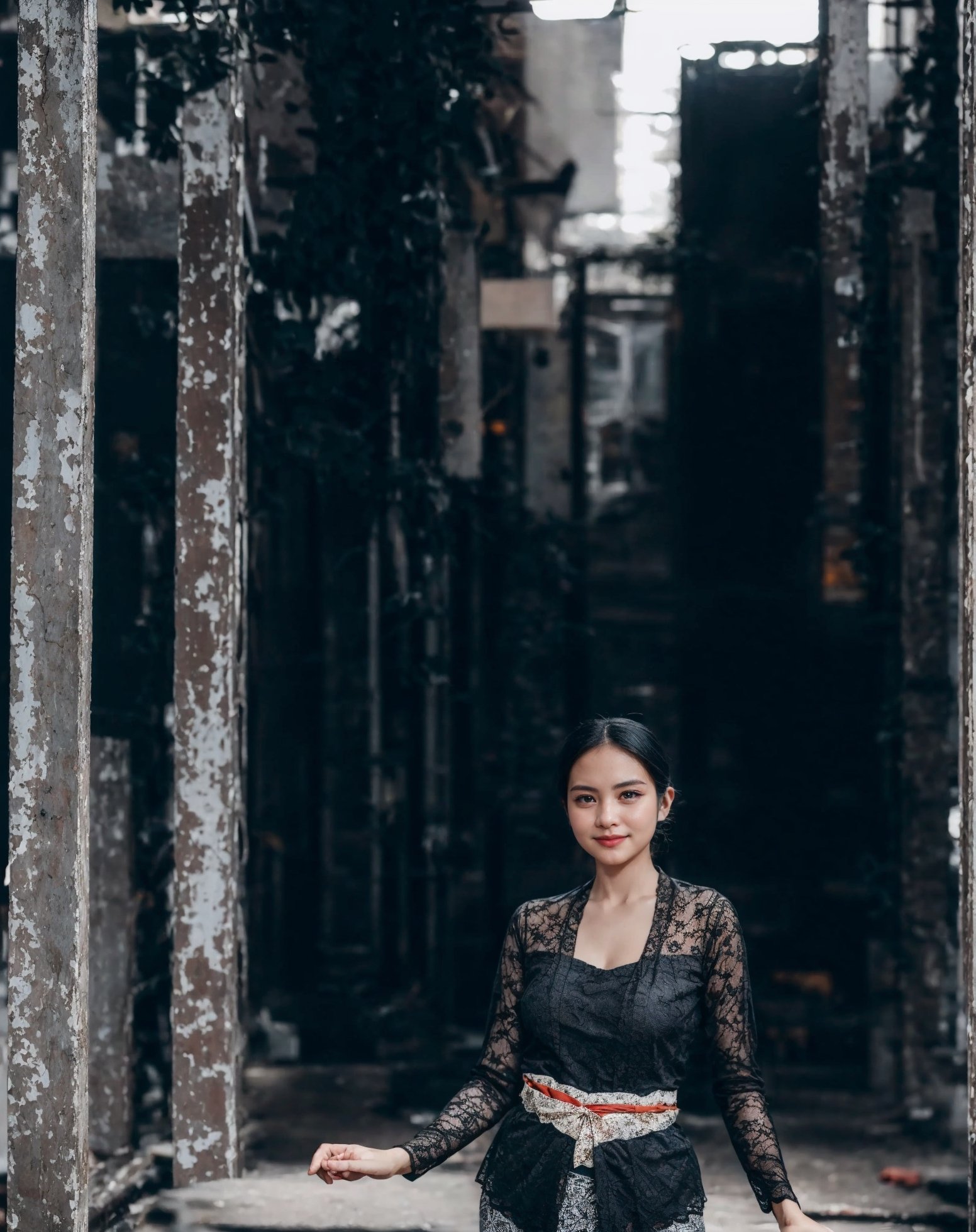 Create an image of a beautiful girl wearing a traditional kebaya in the midst of a bustling city during the day. Capture a medium shot portrait of her in a faded tone, striking a random pose to depict a sense of spontaneity and liveliness