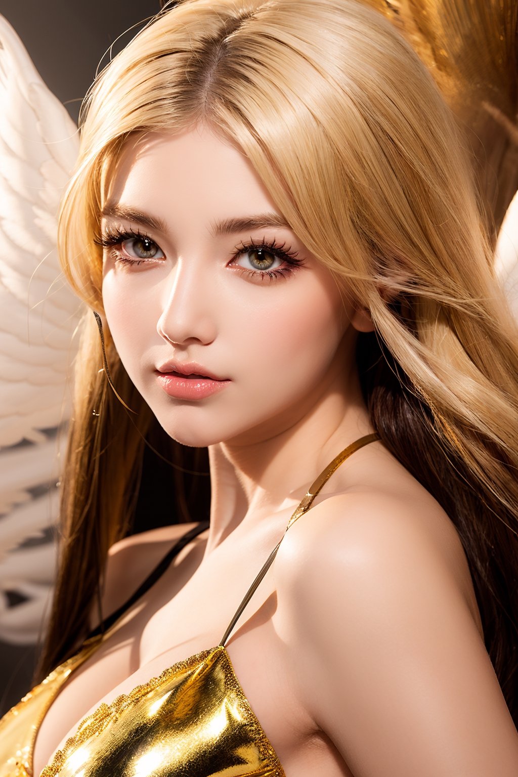 masterpiece, best quality, ultra-detailed, illustration, close-up, straight on, face focus, 1girl, white hair, golden eyes, long hair, halo, angel wings, serene expression, looking at viewer