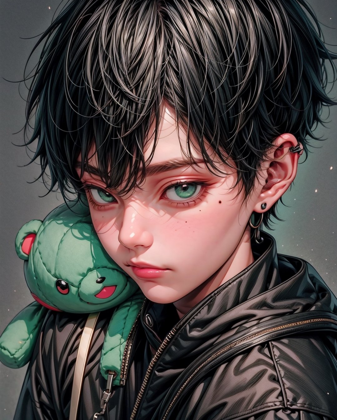 (best quality, masterpiece:1.2),1boy,niji,black hair,green eyes,solo,short hair,black jacket,backpack,bandaid on face,mole,closed mouth,upper body,hair between eyes,mole under eye,stuffed toy,black theme,