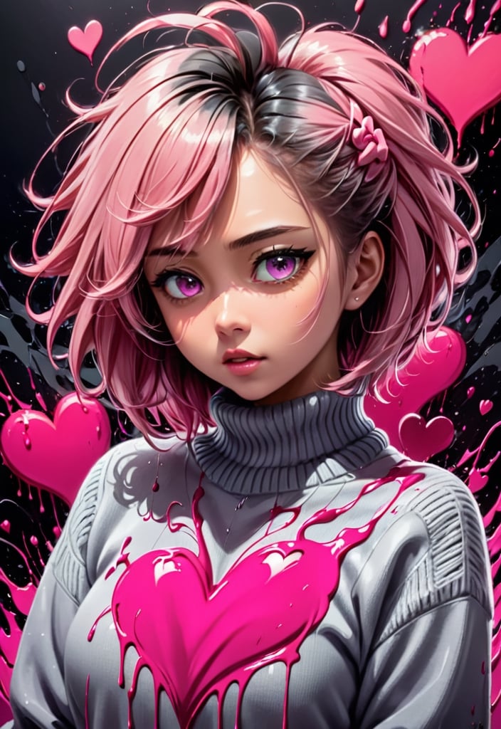 anime artwork of pastel painting abstract portrait by jamie litch,in the style of aggressive digital illustration,dark pink, heart shaped patterns, romantic poses,paint dripping technique,anime art,sharp brushwork,a painting of a henny with a pink sweater,in the style of ross tran,captures raw emotions,ivanovich pimenov,pensive poses,dark pink and dark gray,, anime style, key visual, vibrant, studio anime, highly detailed,1girl