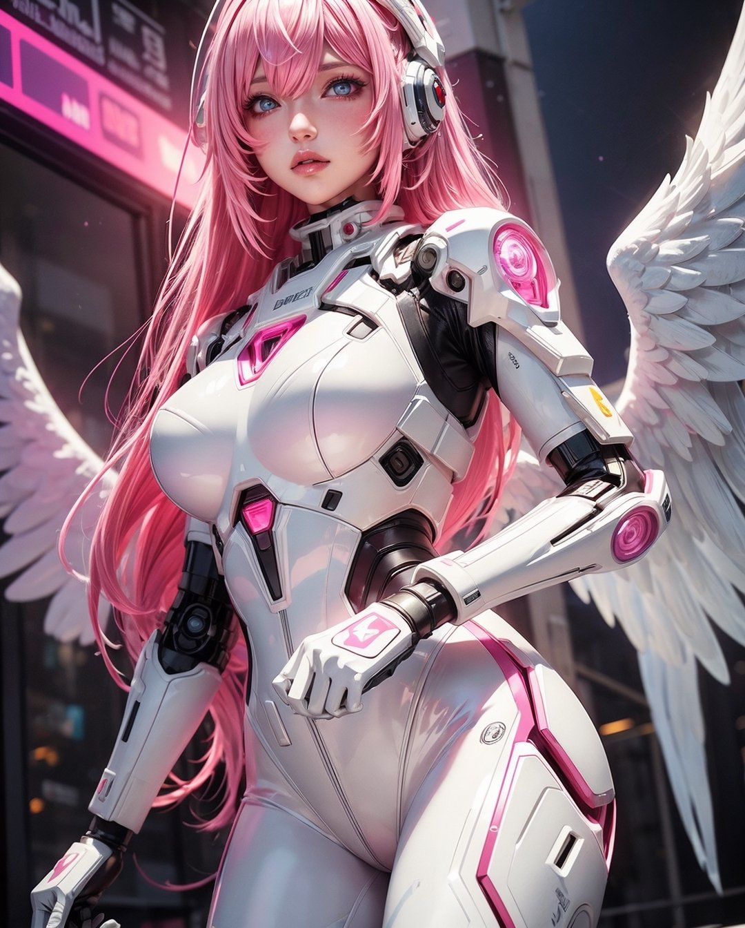 ((masterpiece, best quality, extremely detailed), volumetric lighting, ambient occlusion, colorful, glowing), 1girl, solo, young girl, (pink hair), long hair, halo, aura, sacred, godness, cyber suit, (white outfit:1.3), android, bot, angel wings,
outdoors, sunset, sky, clouds, space, (cyberpunk theme:1.2),1girl