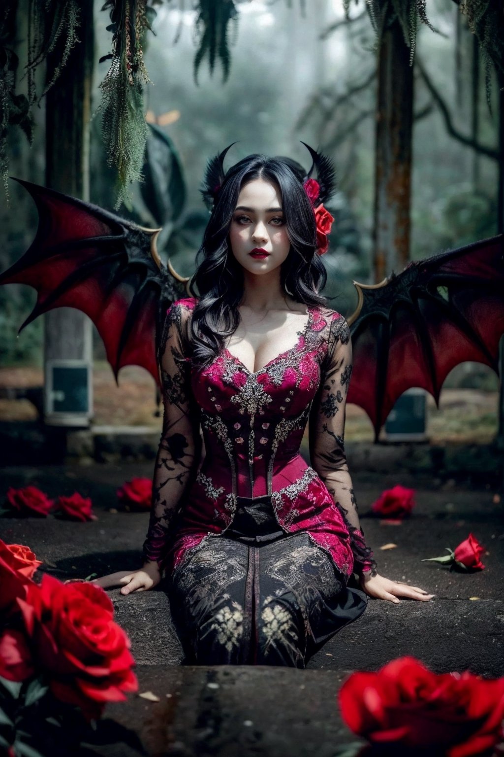 Illustrate a beautiful yet terrifying vampire woman with black wings, surrounded by striking red roses. Ensure to capture the intricate details and eerie ambiance in the image.kebaya,girl