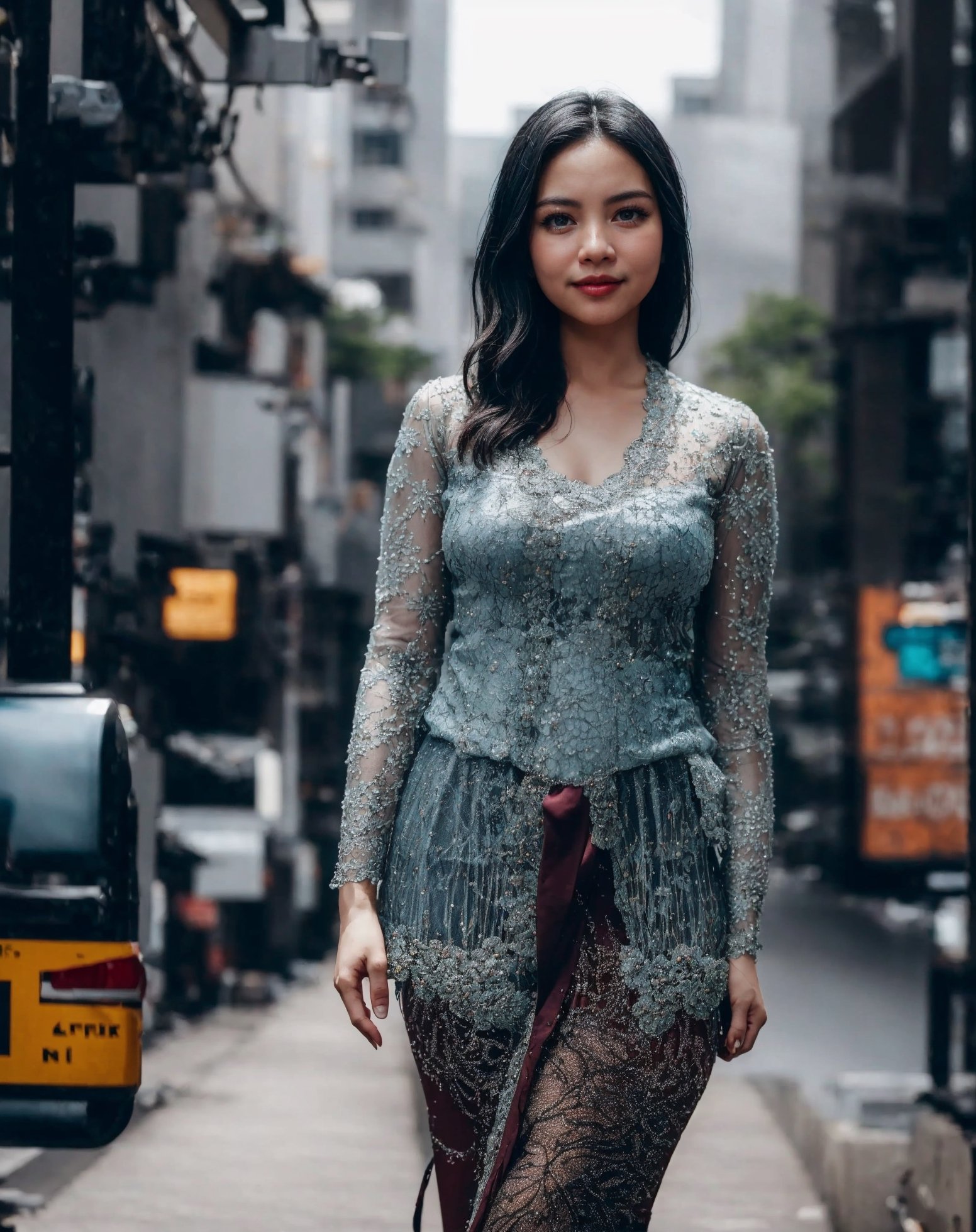 Create an image of a beautiful girl wearing a traditional kebaya in the midst of a bustling city during the day. Capture a medium shot portrait of her in a faded tone, striking a random pose to depict a sense of spontaneity and liveliness