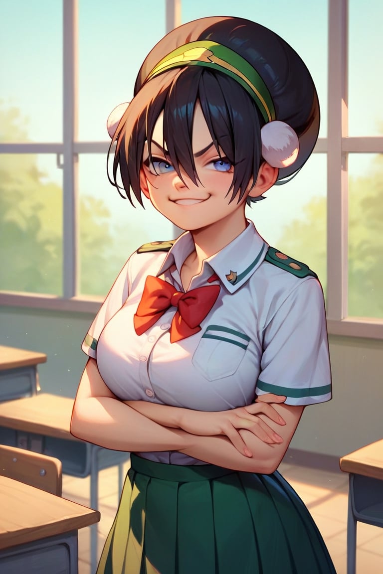 Score_9, Score_8_up, Score_7_up, Score_6_up, Score_5_up, Score_4_up, source_cartoon, 

toph beifong,smug,

school_girl_uniform,skirt,upper_body,standing,classroom,