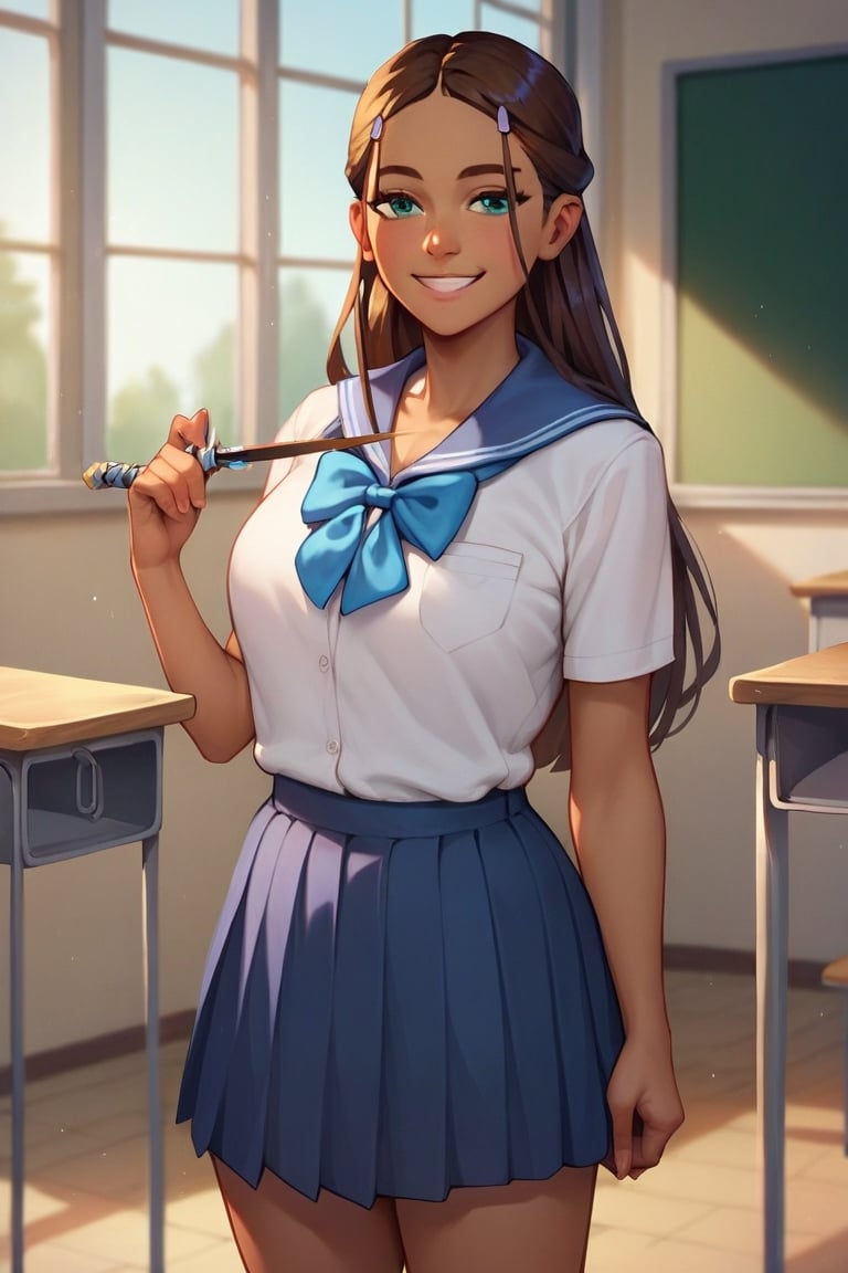 Score_9, Score_8_up, Score_7_up, Score_6_up, Score_5_up, Score_4_up, source_cartoon, 

katara,smile,

school_girl_uniform,skirt,upper_body,standing,classroom,