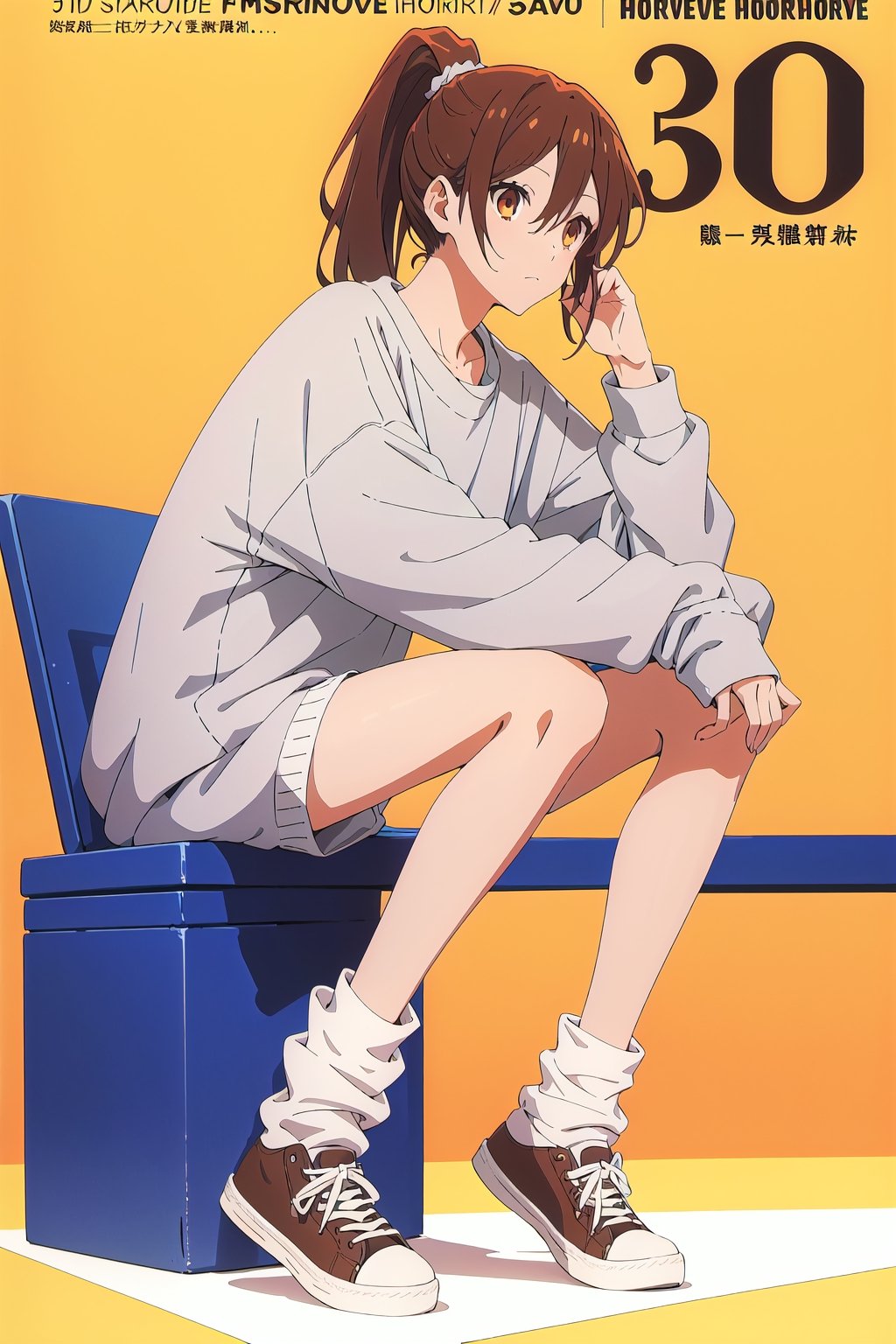 horimiya_hori,1girl ,brown eyes,30 years old,
ponytail,magazine cover,modeling pose, foreground,oversized sweatshirt, naked legs,knee high oversized leg warmers, standing, full_body, oversized sneakers,sitting, side view