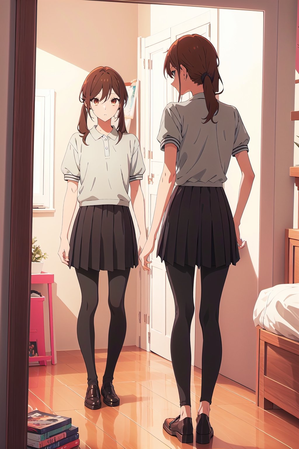 coquette aesthetic,horimiya_hori,1girl,20 years old,brown eyes,magazine cover,modeling pose, standing,foreground,dominant,polo shirt, puffed sleeves, high waist skirt,looking at herself in the mirror,arranging his clothes,leggings, putiting on makeup