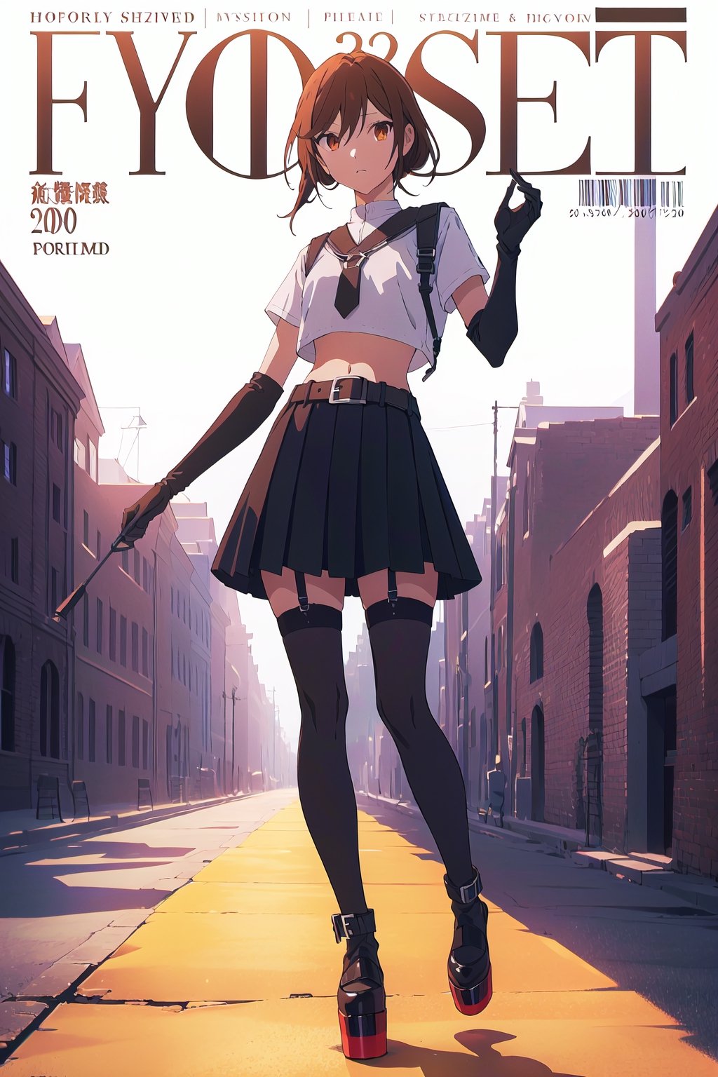 2000s fashion,horimiya_hori,1girl,20 years old,brown eyes,magazine cover,modeling pose, standing,foreground,pov_eye_contact,full_body, long tails,high waist skirt with harness, tight crop top, bare belly, brush, stockings, gothic gloves with grunge buckle, big belt, platform_footwear