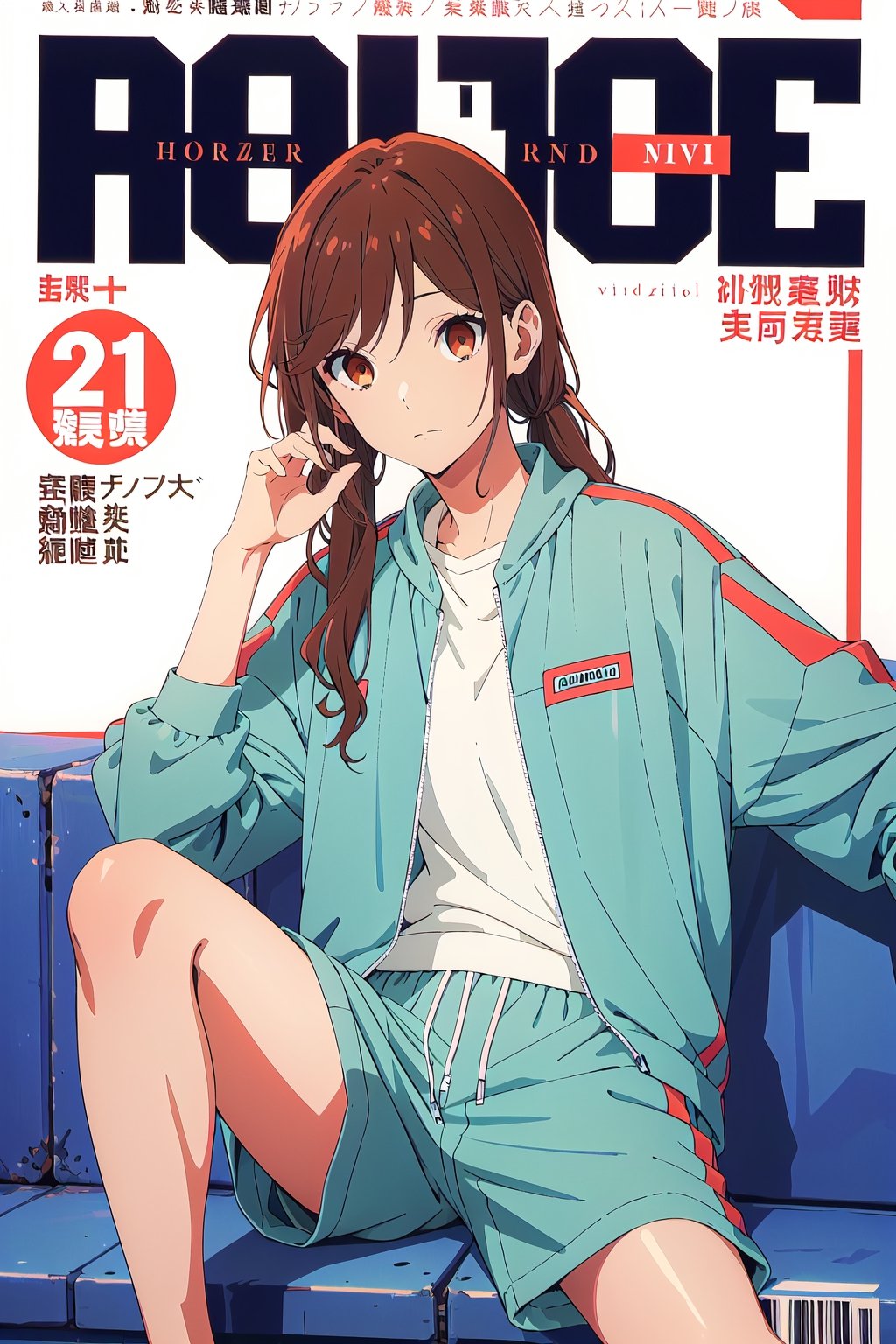 1girl,horimiya_hori, brown eyes,
vintage long hairstyle,magazine cover,modeling pose,oversized closed windbreaker jacket, sports shorts,sitting