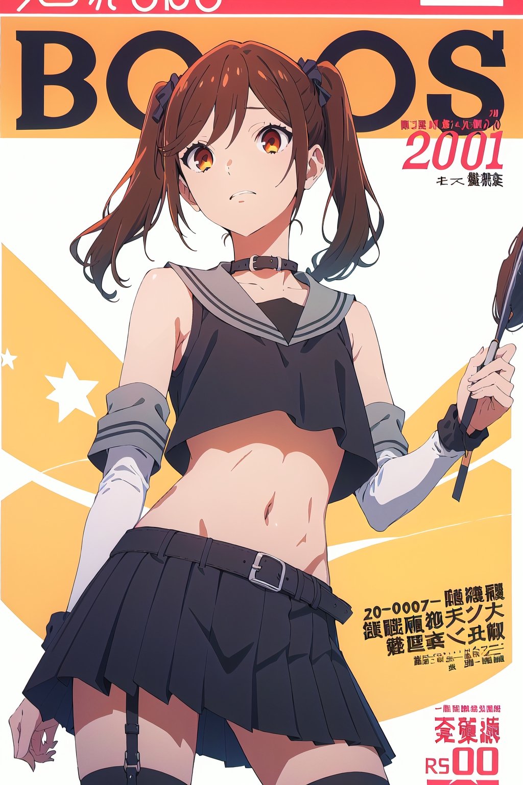 2000s fashion,horimiya_hori,1girl,20 years old,brown eyes,magazine cover,modeling pose, standing,foreground,pov_eye_contact, pigtails hair,punk skirt, tight crop top, bare belly, brush, stockings,arm warmers, gothic belt, collar