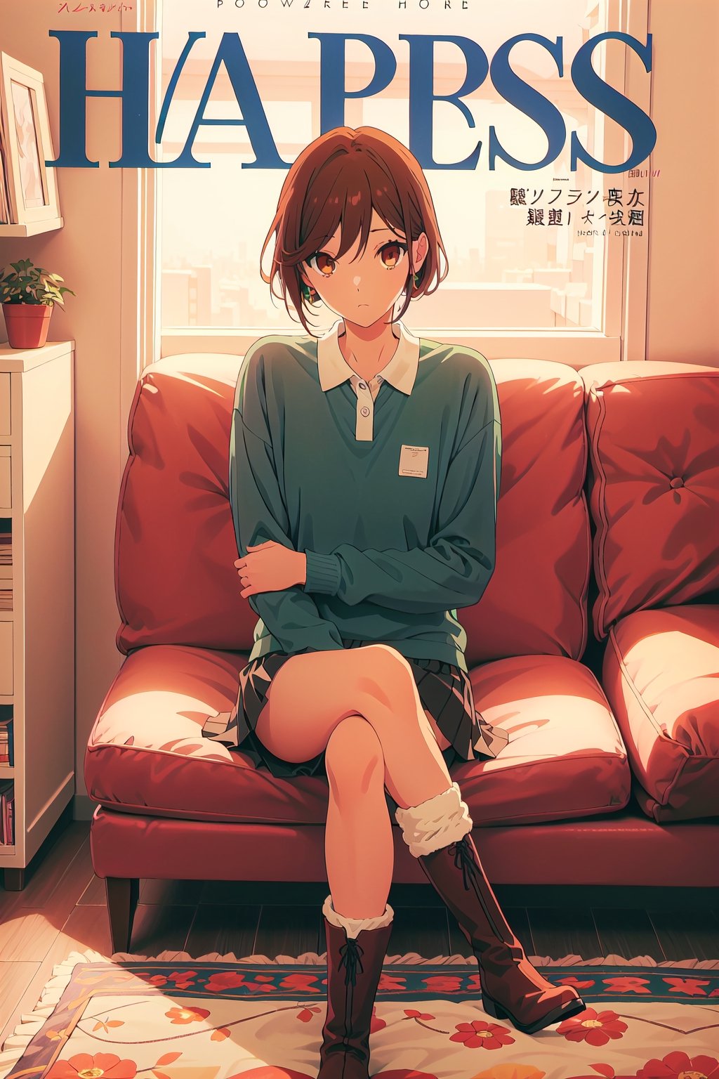 horimiya_hori,1girl ,brown eyes,
vintage hairstyle,magazine cover,modeling pose, foreground,oversized long sleeve polo shirt tucked under skirt,tight skirt,vintage boots,leg warmers,sitting,pov_eye_contact,crossed legs,sofa,
hands on ears