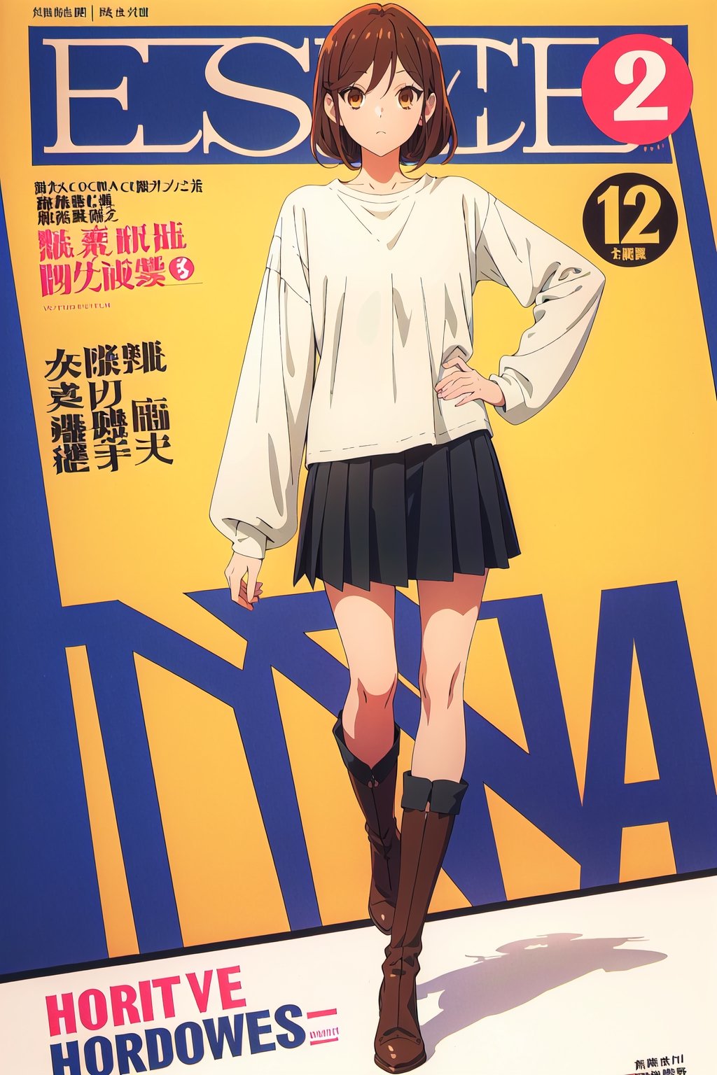 horimiya_hori,1girl ,brown eyes,
vintage hairstyle,magazine cover,modeling pose, foreground,oversized long-sleeved blouse,T-shirt on top of the blouse tucked into the skirt.,tight skirt,boots,leg warmers