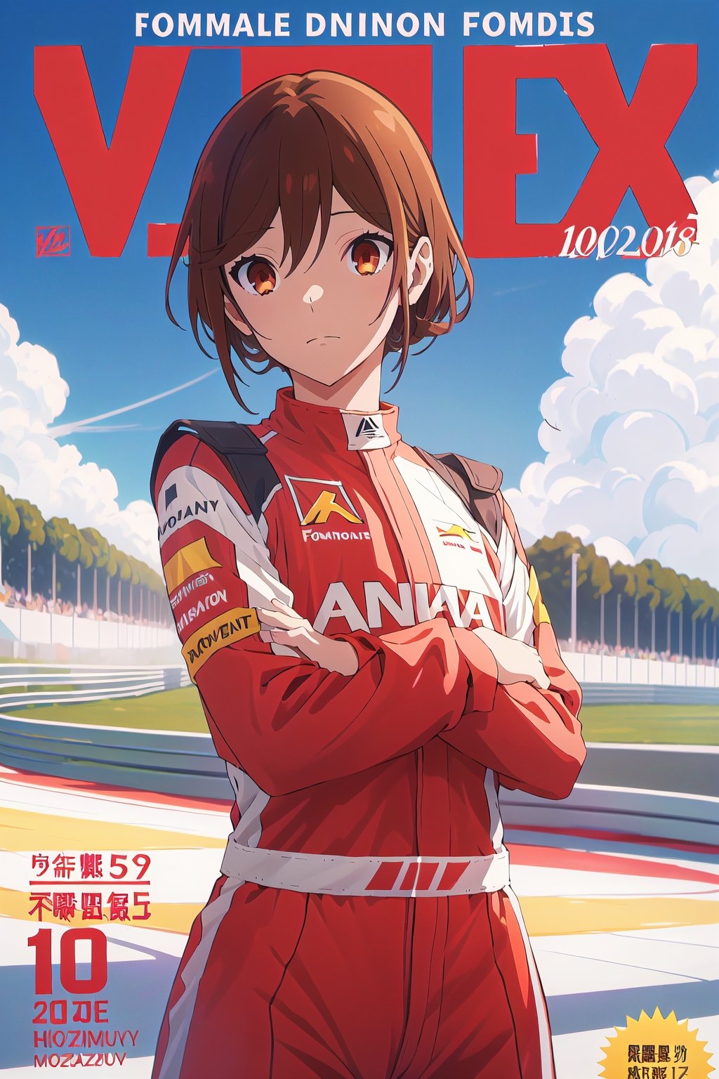 formula 1,horimiya_hori,1girl,20 years old,brown eyes,magazine cover,modeling pose, standing,foreground,dominant,pov_eye_contact, driver racing suit