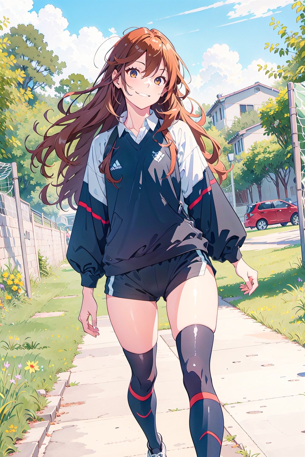 manga, 1girl, solo female, long hair, tight soccer clothing, playing soccer, jumoing, park, playing,hori kyouko,full_body,watercolor, no_color, photoshoot, model,,lineart,rough sketch,RGB, mature_female,chromatic aberration, happiness, thighs