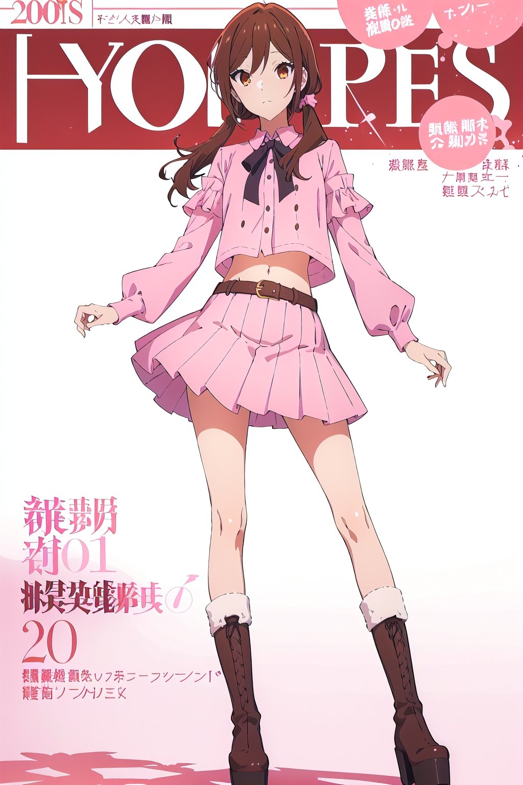 coquette aesthetic,horimiya_hori,1girl,20 years old,brown eyes,magazine cover,modeling pose, standing,foreground,pov_eye_contact,full_body,pink large blouses,white mini_skirt,knee socks, belt,platform boots,bare belly,puffed sleeves