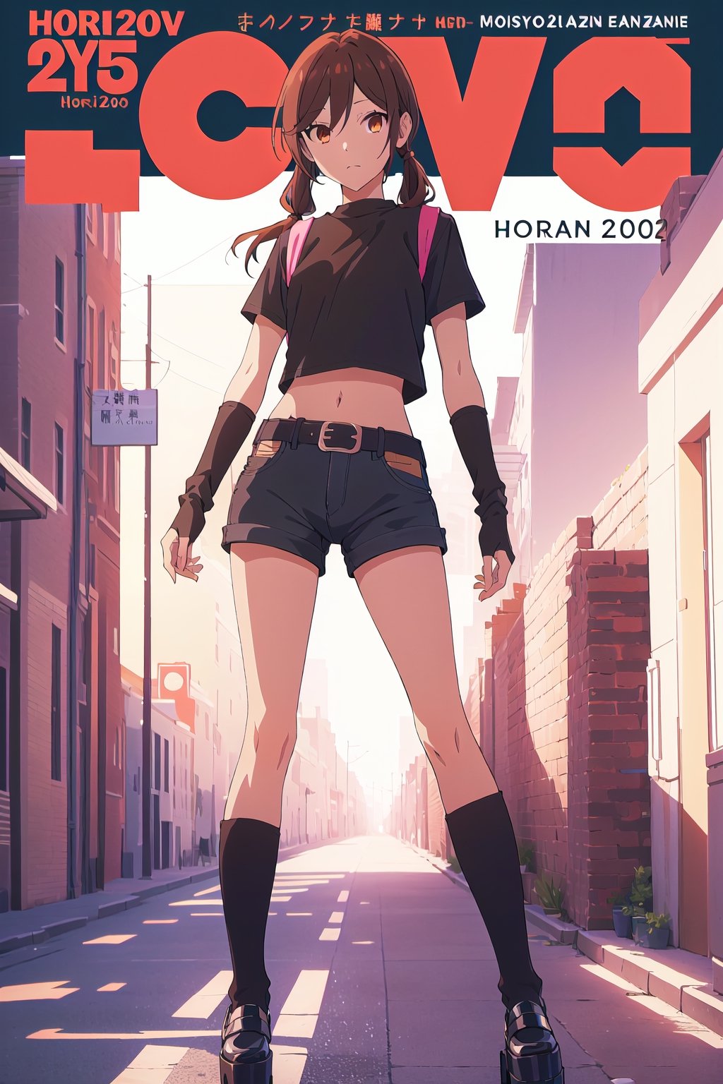 2000s fashion,horimiya_hori,1girl,20 years old,brown eyes,magazine cover,modeling pose, standing,foreground,dominant,pov_eye_contact,arm warmers.black jean shorts, big belt, platform_footwear, crop top, leg warmers, twin_tails, photoshoot background