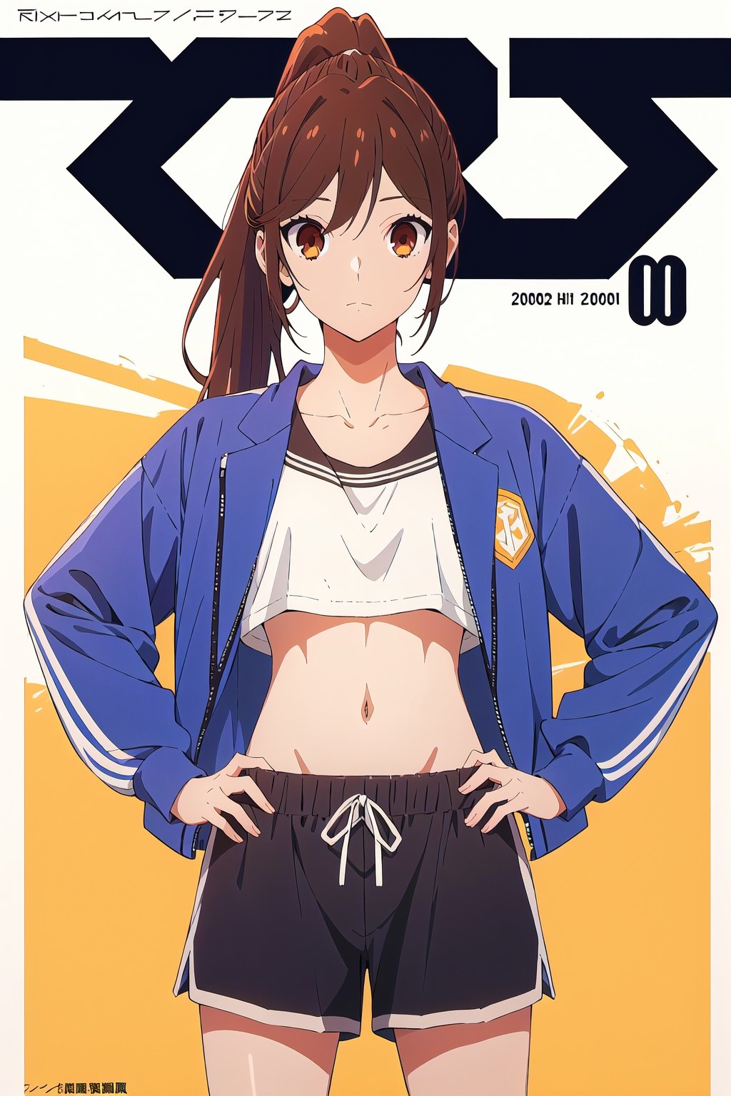 2000s fashion,horimiya_hori,1girl,20 years old,brown eyes,magazine cover,modeling pose, standing,foreground,dominant,pov_eye_contact,sports jacket,sports shorts, tube top,long_ponytail, white background