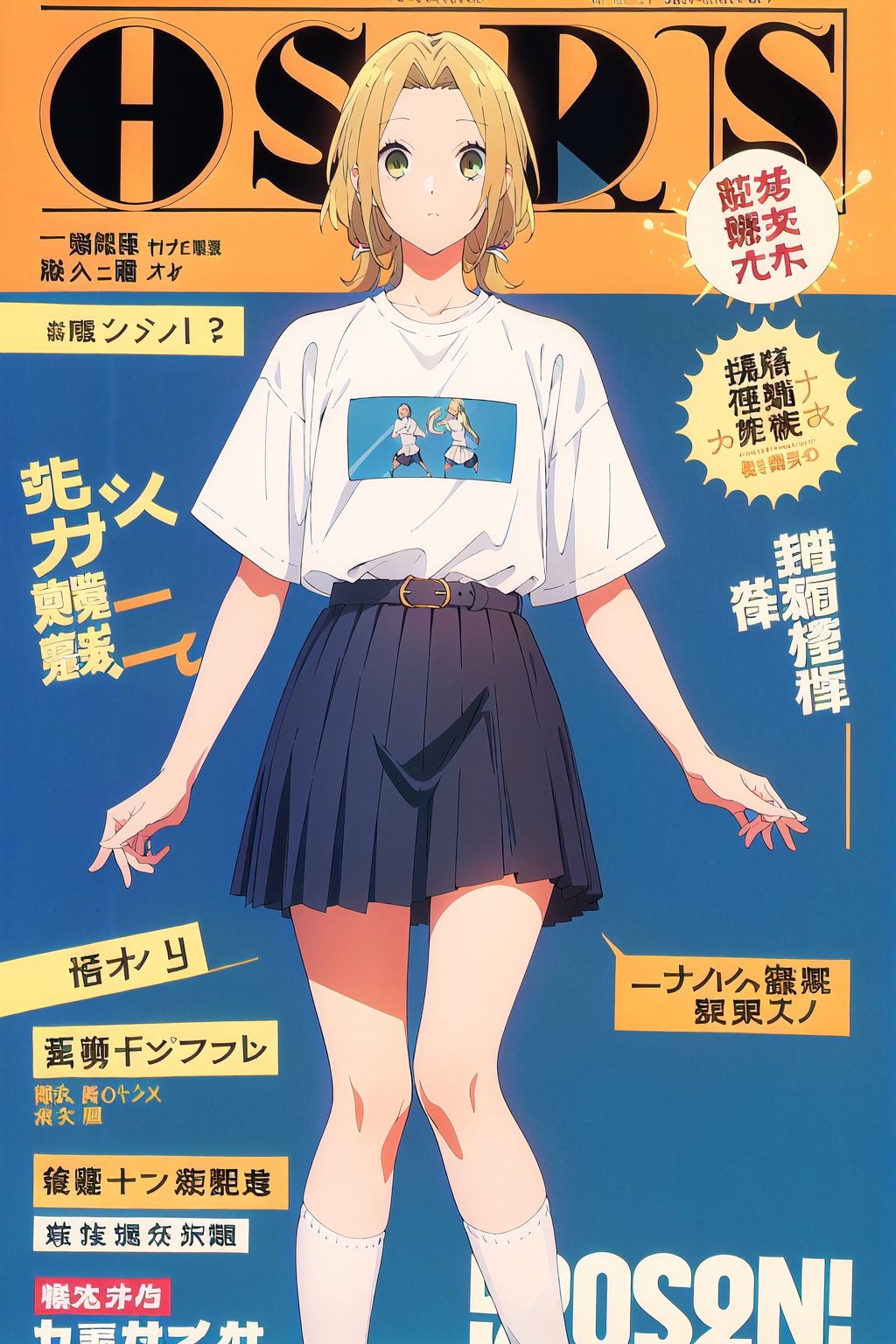 horimiya_yuki,1girl blonde hair,
vintage long hairstyle,magazine cover,modeling pose, skirt, sports white shirt tucked into skirt, giant belt, white_kneehighs