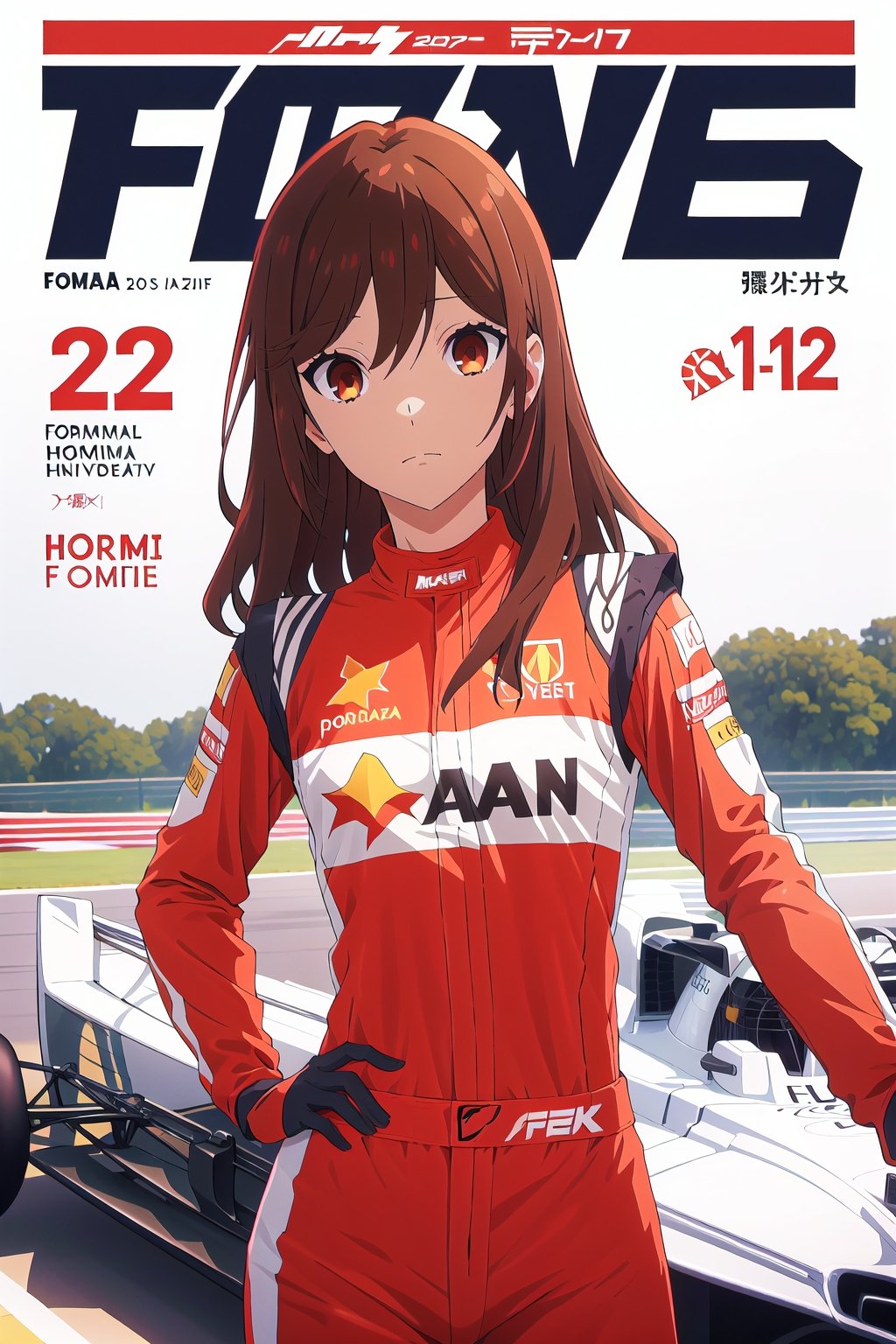 formula 1,horimiya_hori,1girl,20 years old,brown eyes,magazine cover,modeling pose, standing,foreground,dominant,pov_eye_contact, driver racing suit, formula 1 car, photoshoot, medium hair, 