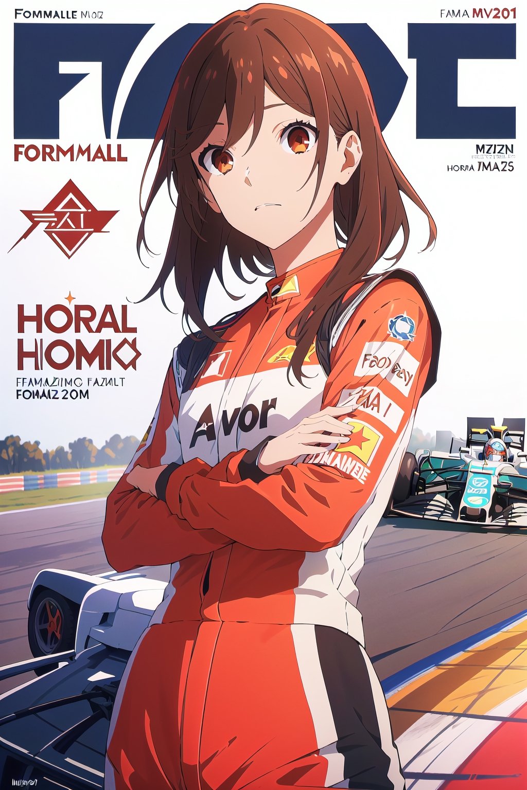 formula 1,horimiya_hori,1girl,20 years old,brown eyes,magazine cover,modeling pose, standing,foreground,dominant,pov_eye_contact, driver racing suit, formula 1 car, photoshoot, medium hair, helmet