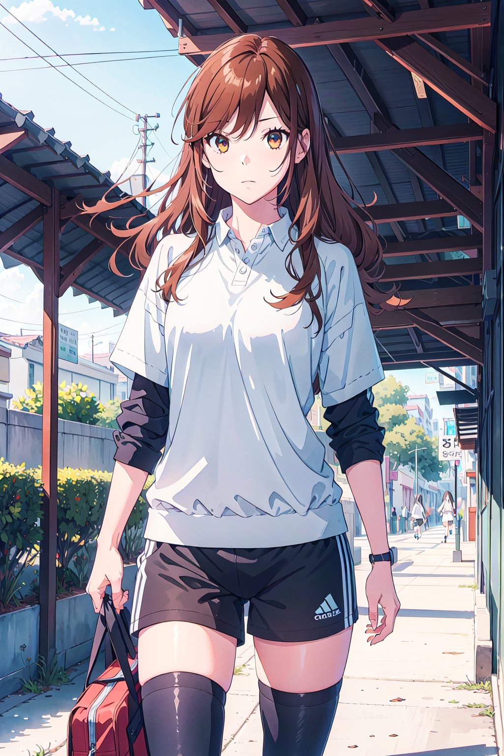 manga, 1girl, solo female, long hair, tight soccer clothing, playing soccer, jumoing, park, playing,hori kyouko,full_body,watercolor, no_color, photoshoot, model,,lineart,rough sketch,RGB, mature_female,chromatic aberration, mature face, thigh