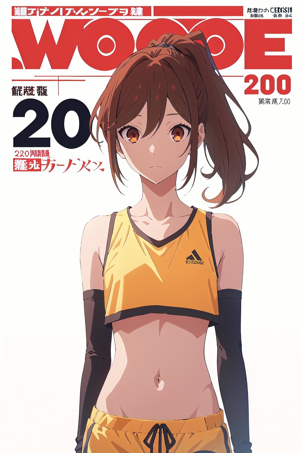 2000s fashion,horimiya_hori,1girl,20 years old,brown eyes,magazine cover,modeling pose, standing,foreground,dominant,pov_eye_contact,arm warmers,sports shorts, tube top,long_ponytail, white background