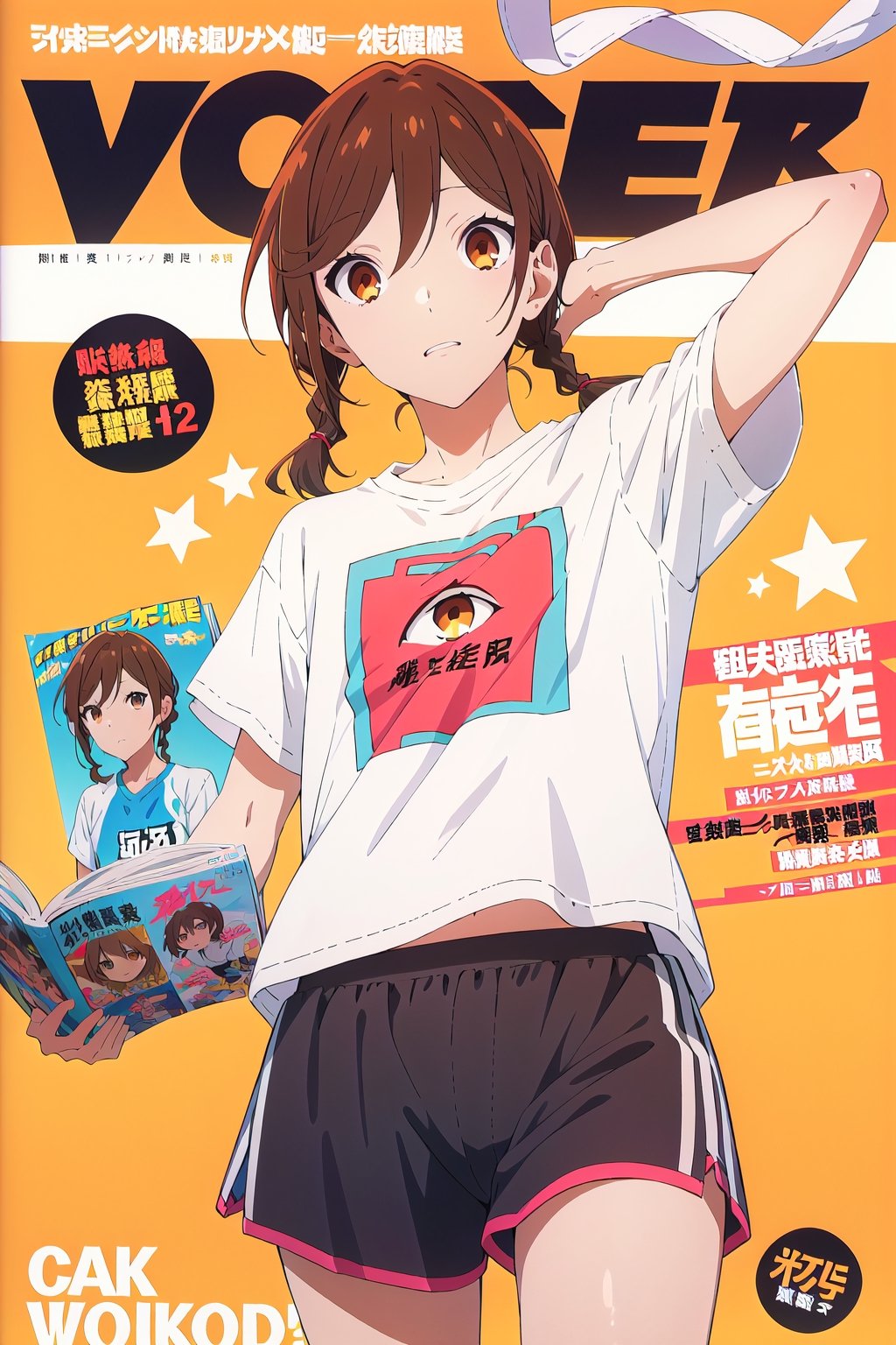horimiya_hori,1girl ,brown eyes,
hairstyle with braids,magazine cover,modeling pose, foreground,sports t-shirt,sports shorts,pov_eye_contact, front view,dominant