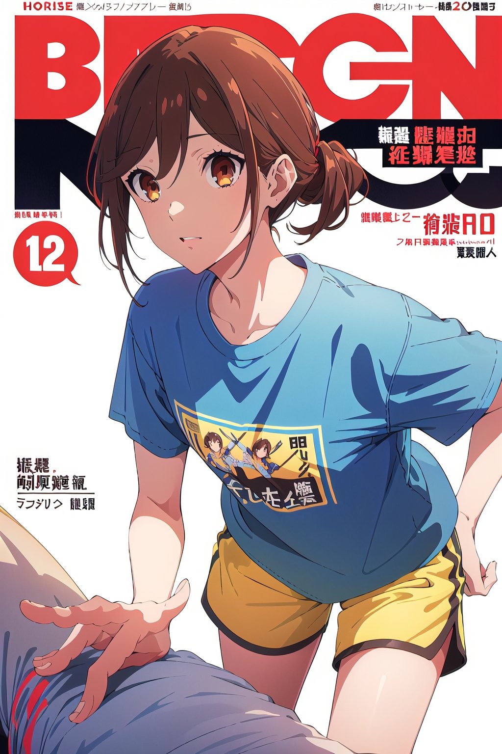 horimiya_hori,1girl ,brown eyes,
vintage hairstyle,magazine cover,modeling pose, foreground,sports t-shirt,sports shorts,pov_eye_contact, front view,dominant