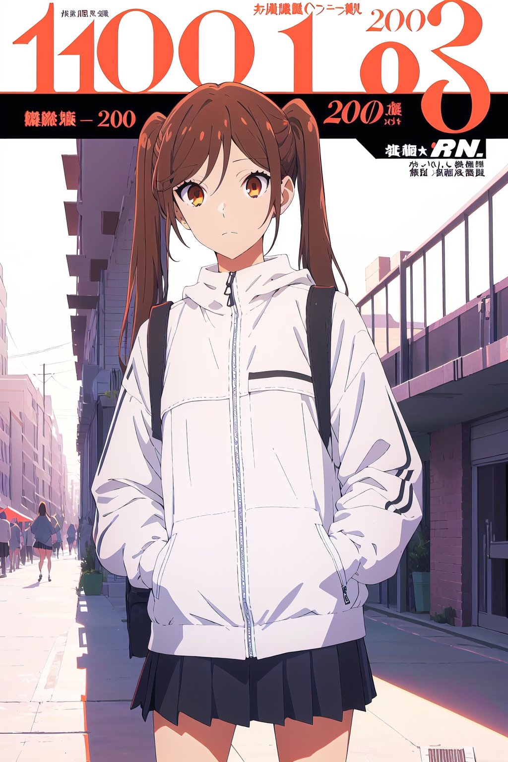 2000s fashion,horimiya_hori,1girl,20 years old,brown eyes,magazine cover,modeling pose, standing,foreground,dominant,pov_eye_contact,arm warmers,mini skirt, tube top,long pigtails, white background, oversized windbreaker jacket