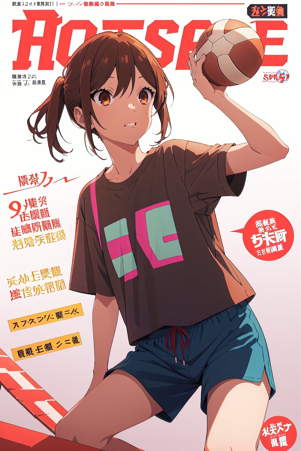 horimiya_hori,1girl ,brown eyes,
vintage hairstyle,magazine cover,modeling pose, foreground,sports t-shirt,sports shorts,pov_eye_contact, front view