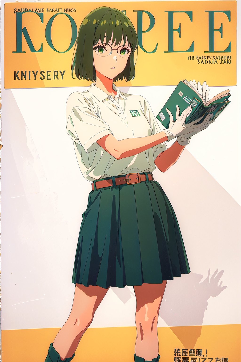 horimiya_sakura,1girl green hair,
vintage hairstyle,magazine cover,modeling pose, vintage skirt, sports white polo shirt tucked into skirt, giant belt,foreground,vintage glasses, vintage gloves,long leg warmers,vintage boots, white_kneehighs