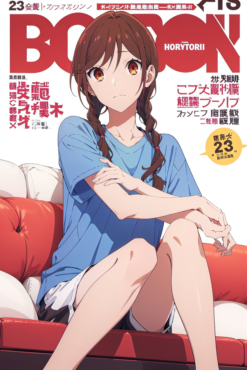 horimiya_hori,1girl ,brown eyes,
long braids hairstyle,magazine cover,modeling pose, foreground,sports t-shirt,sports shorts,dominant,sitting,touching herself